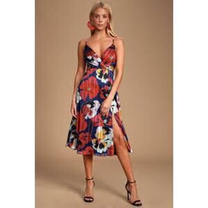 Lulus Made with Love, Blue/Red Floral Print Midi Dress, Split Front, Sz S